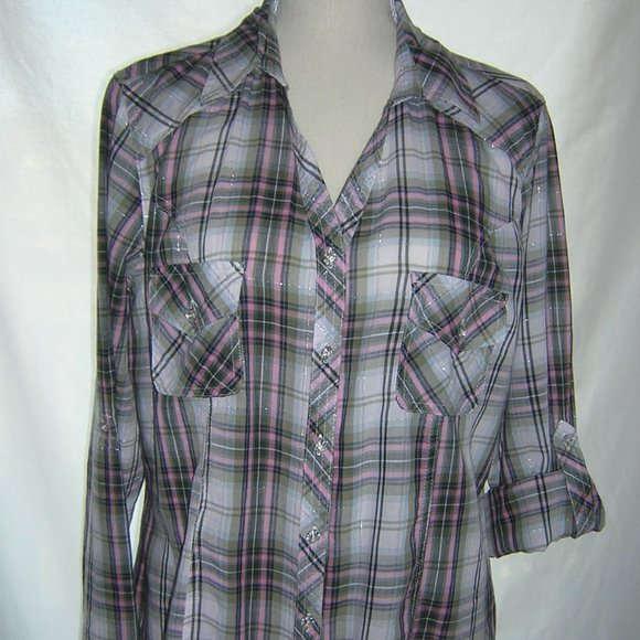 Cato Tops - Cato Long Button Up Shirt	XL Plaid Green/Pink/Blue